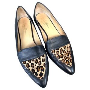 Avellini Made in Italy Black Leather Leopard Calf Hair Pointed Loafer Shoe 9 9.5